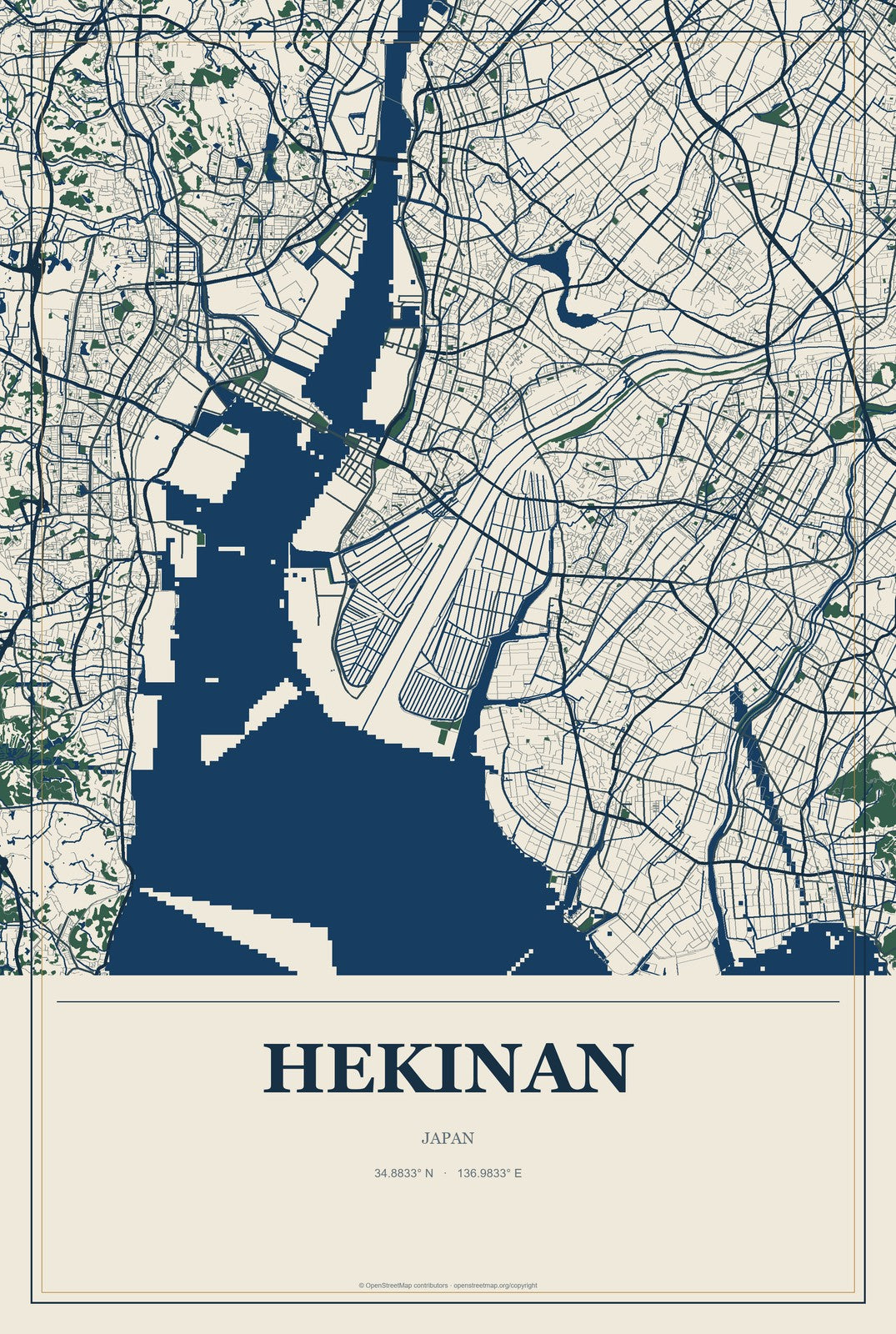Hekinan, Japan City Map Aluminum Sign in Coastal Cutout style
