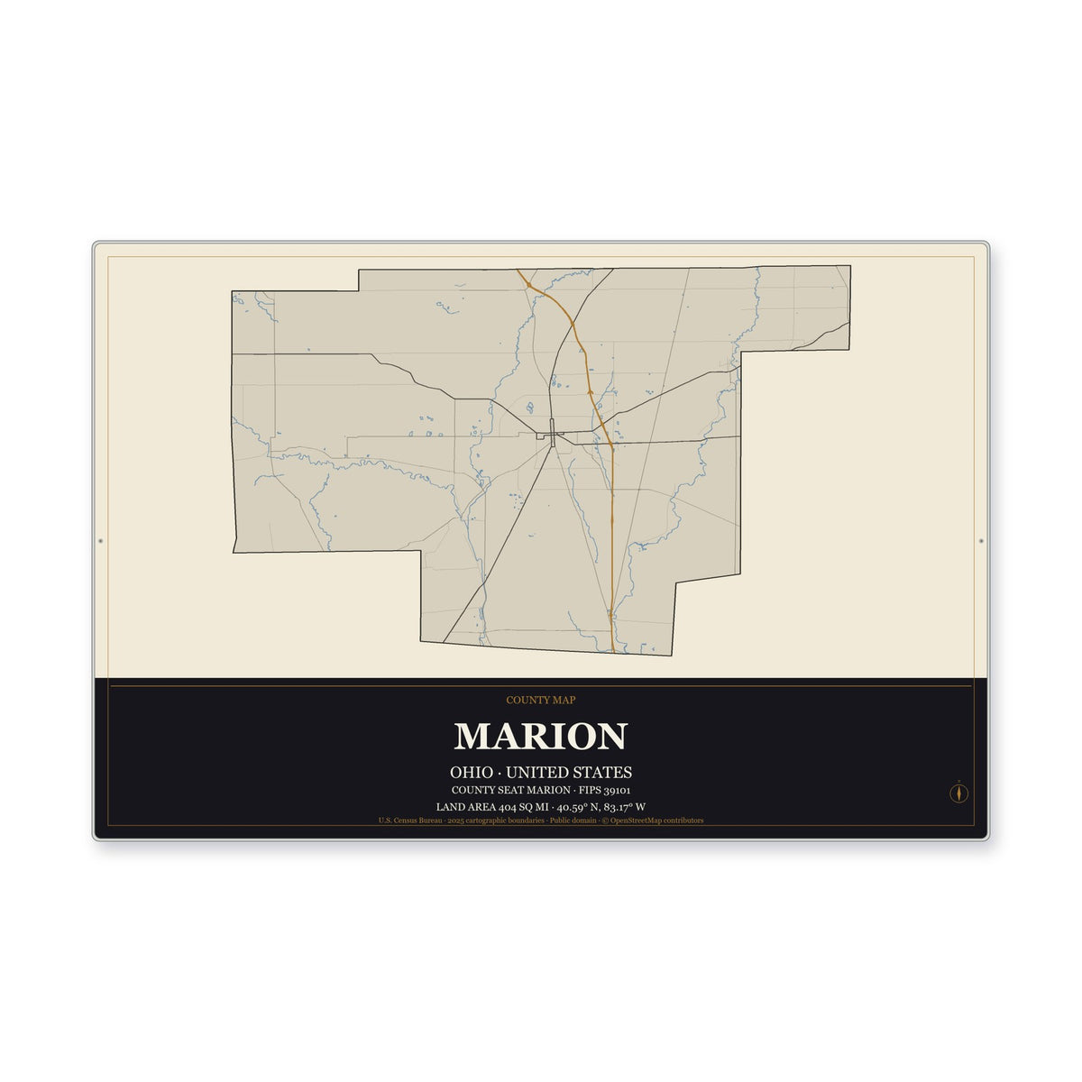 Marion County, Ohio Map Aluminum Sign in Museum Plaque style