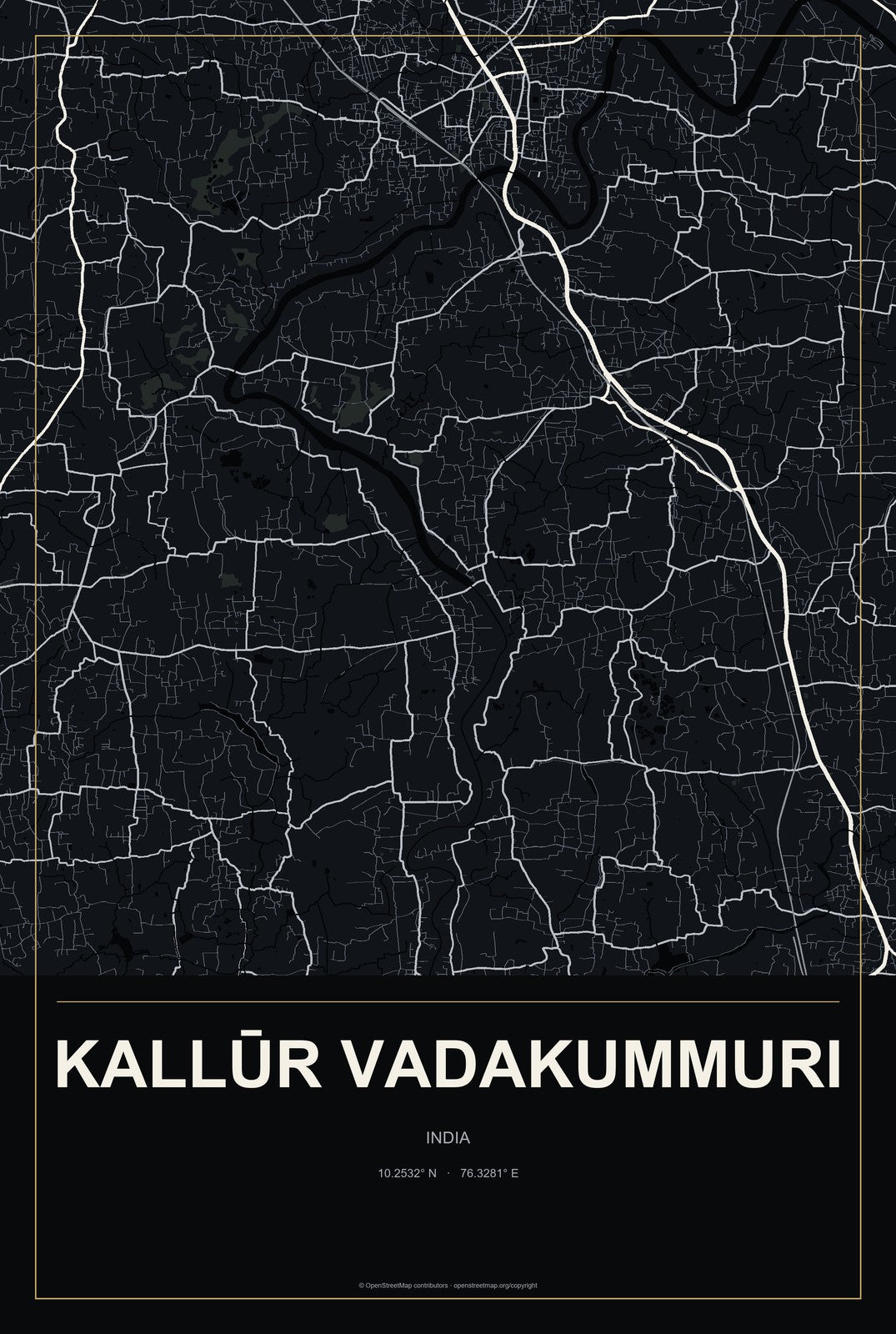 Kallūr Vadakummuri, India City Map Aluminum Sign in Metropolitan Noir style