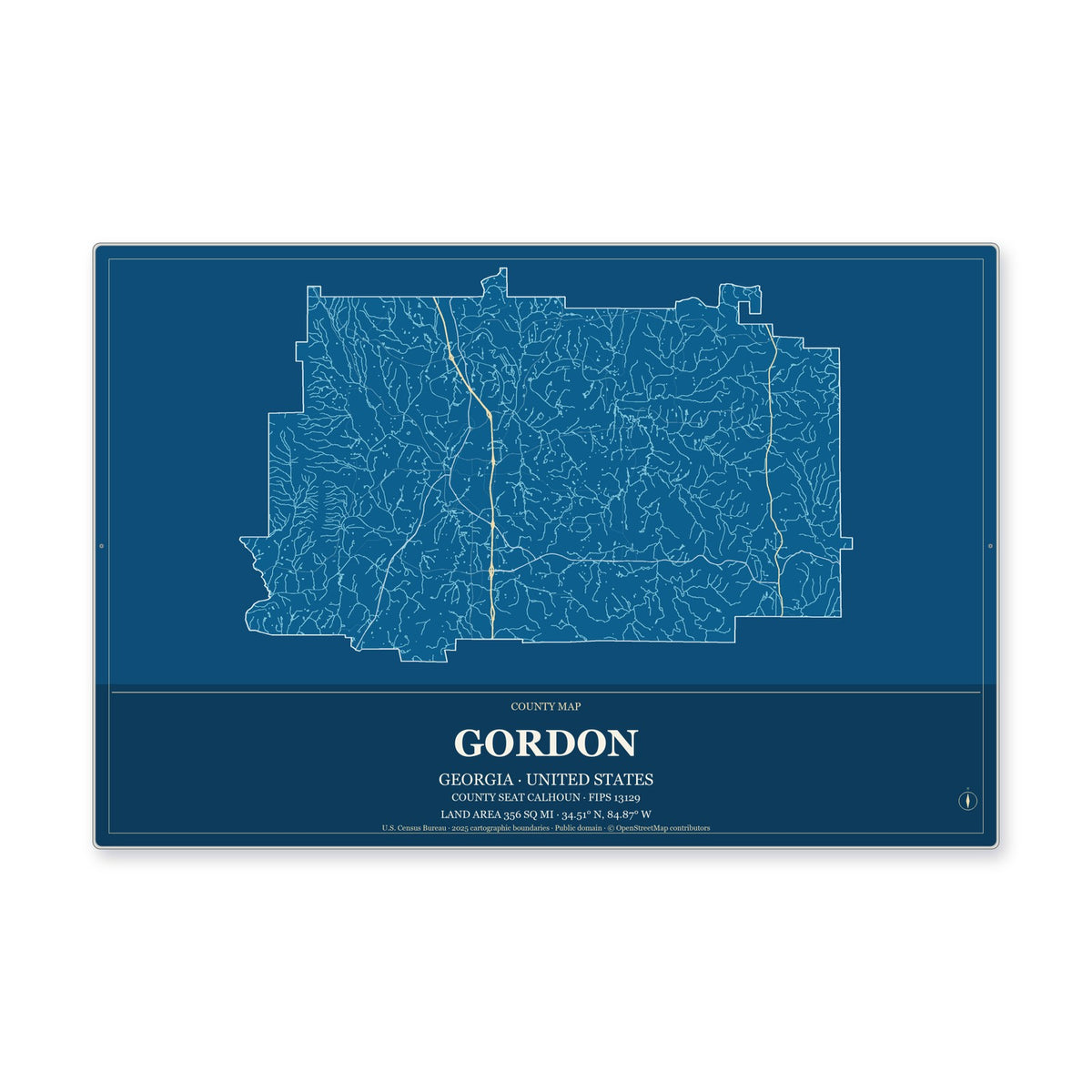 Gordon County, Georgia Map Aluminum Sign in Harbor Cobalt style