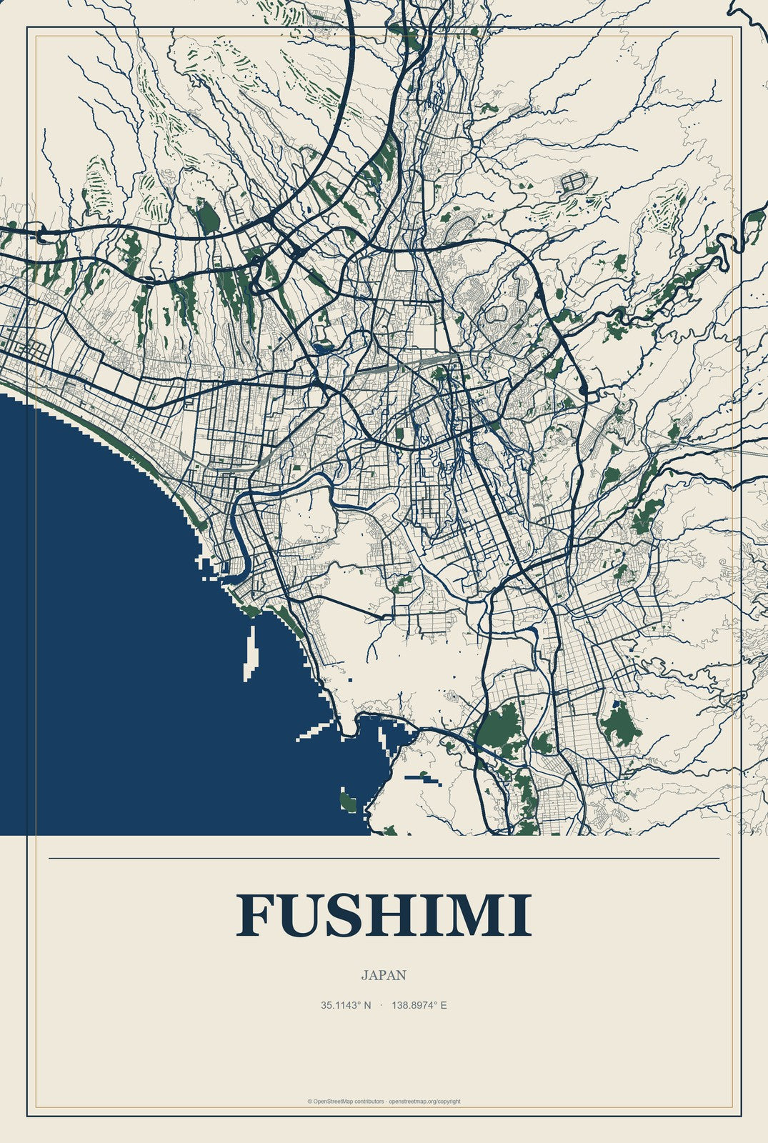 Fushimi, Japan City Map Aluminum Sign in Coastal Cutout style