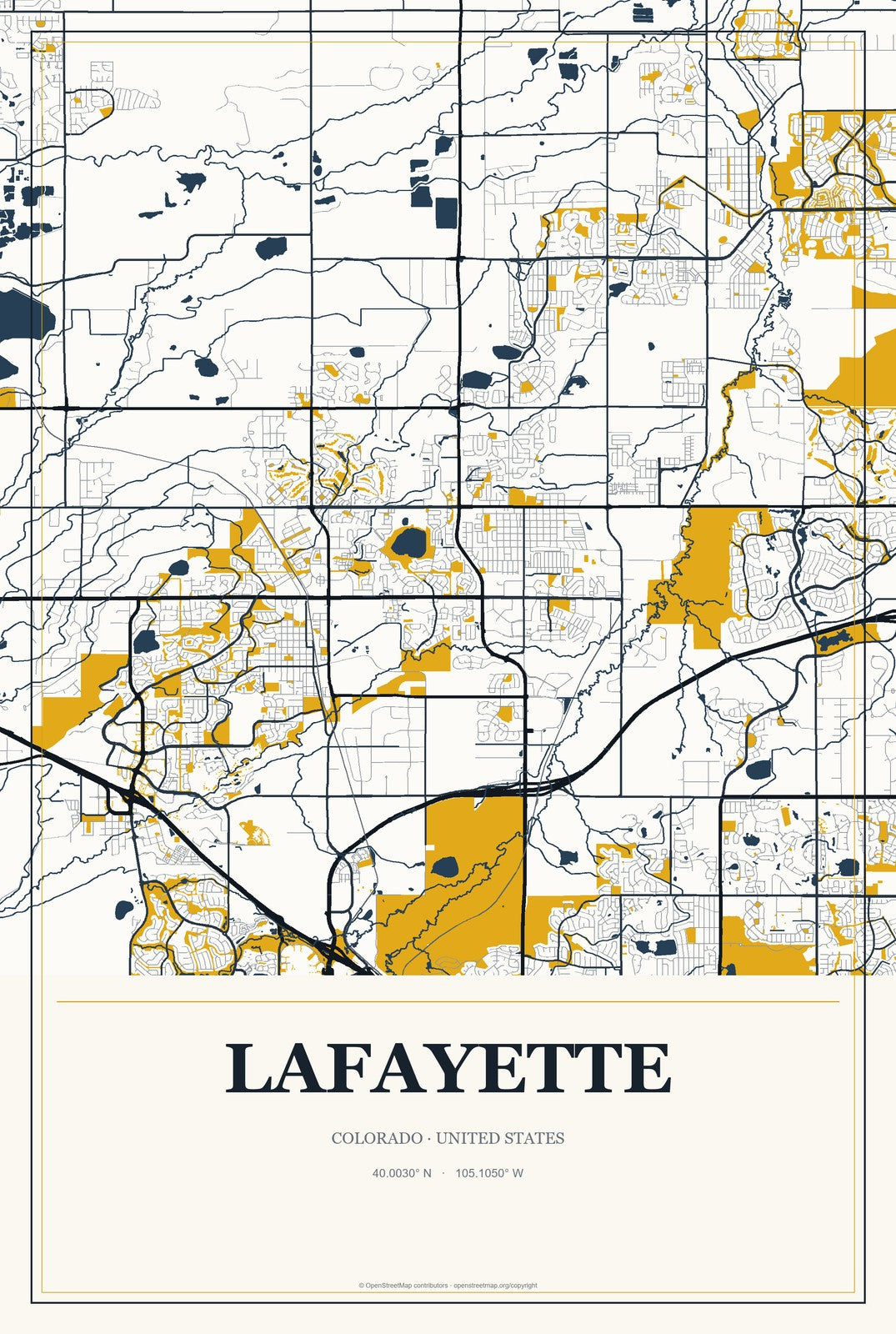 Lafayette, Colorado City Map Aluminum Sign in Citrine Modern style
