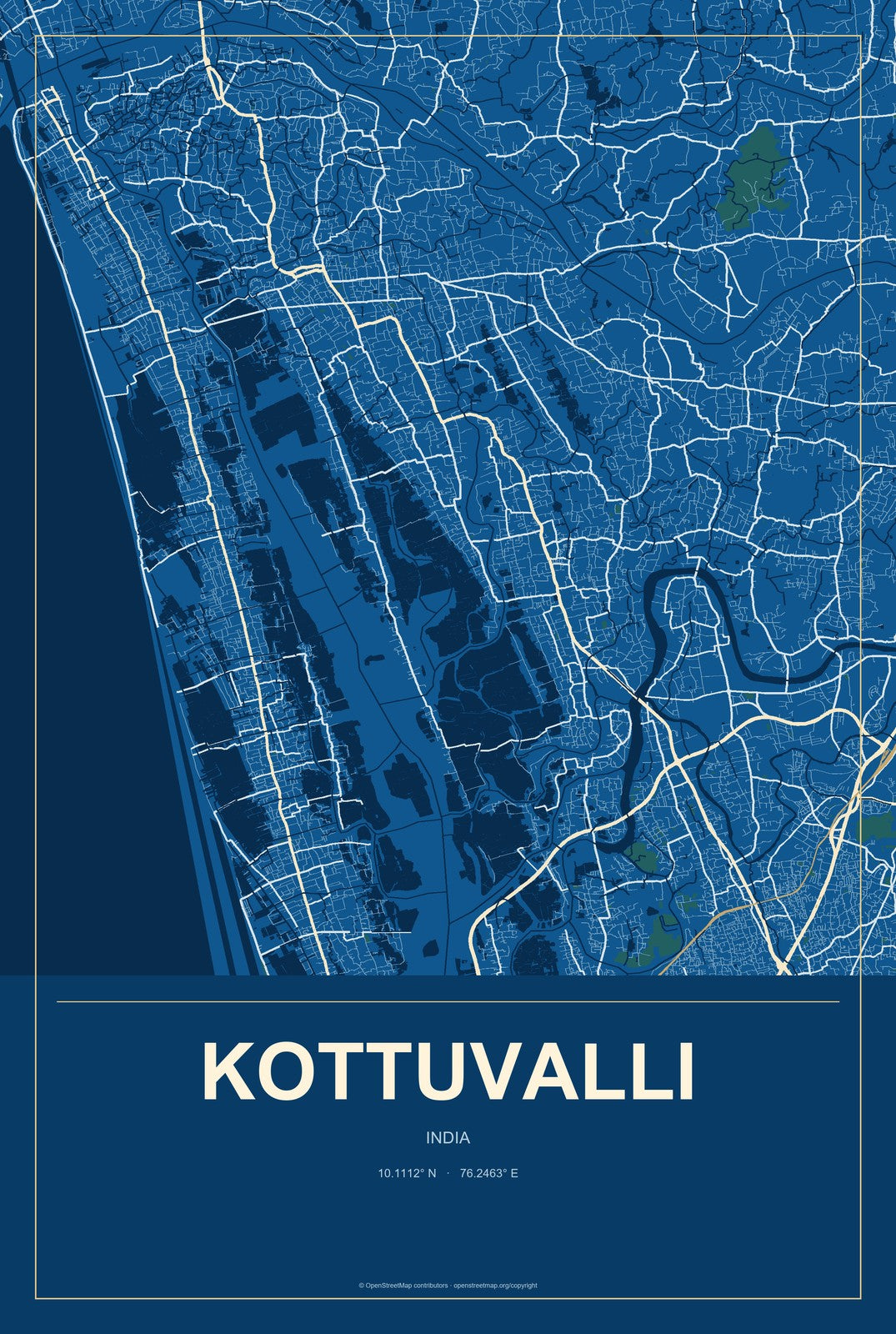 Kottuvalli, India City Map Aluminum Sign in Harbor Cobalt style
