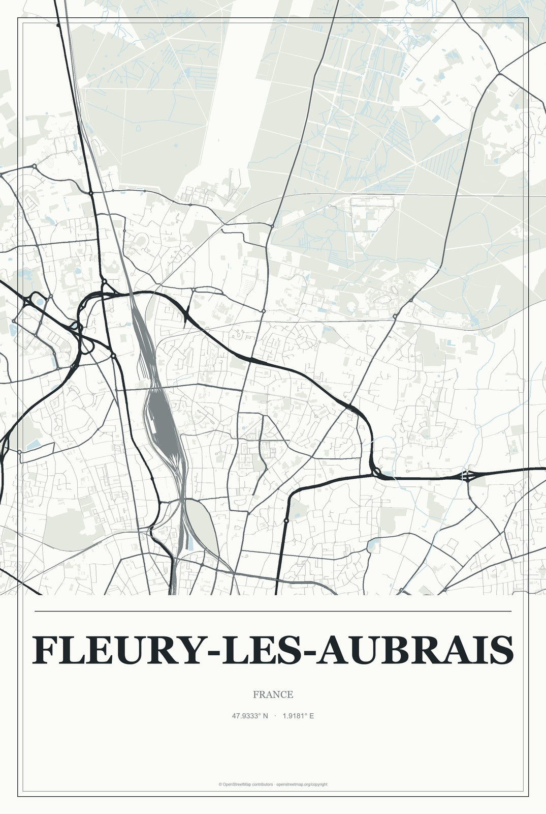 Fleury-les-Aubrais, France City Map Aluminum Sign in Gallery Air style