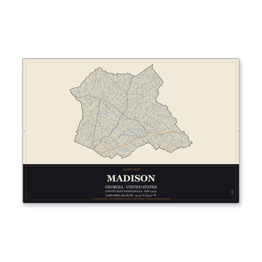 Madison County, Georgia Map Aluminum Sign in Museum Plaque style