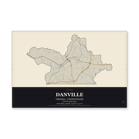 Danville city, Virginia Map Aluminum Sign in Museum Plaque style