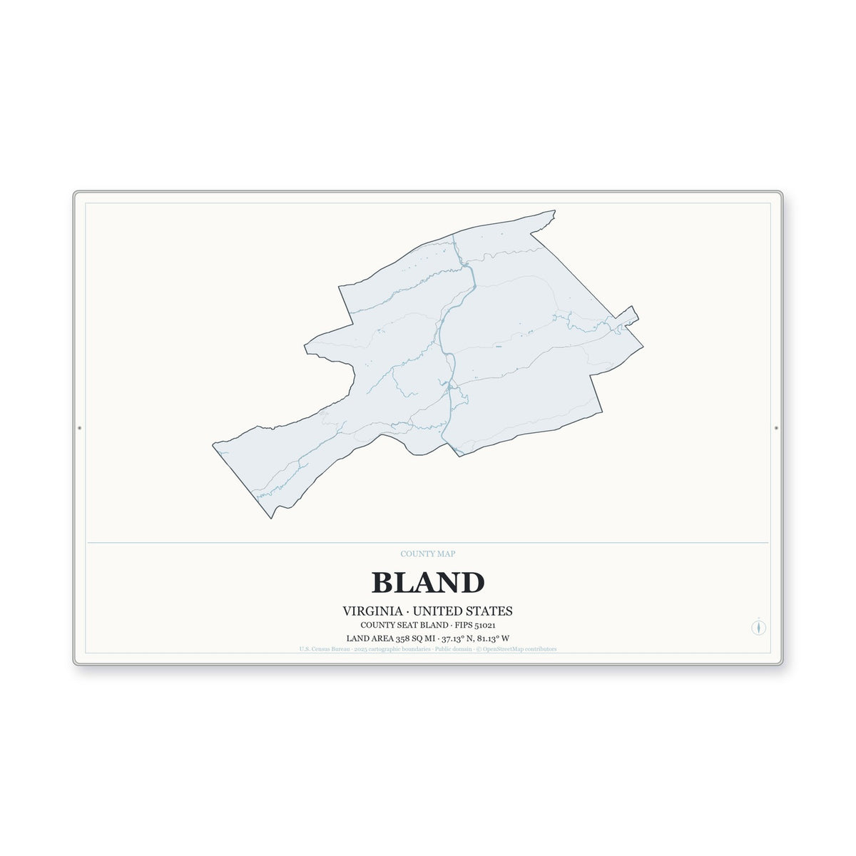 Bland County, Virginia Map Aluminum Sign in Gallery Air style
