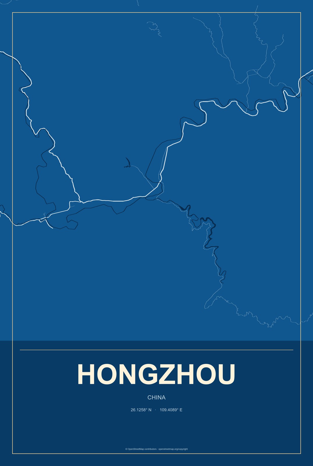 Hongzhou, China City Map Aluminum Sign in Harbor Cobalt style