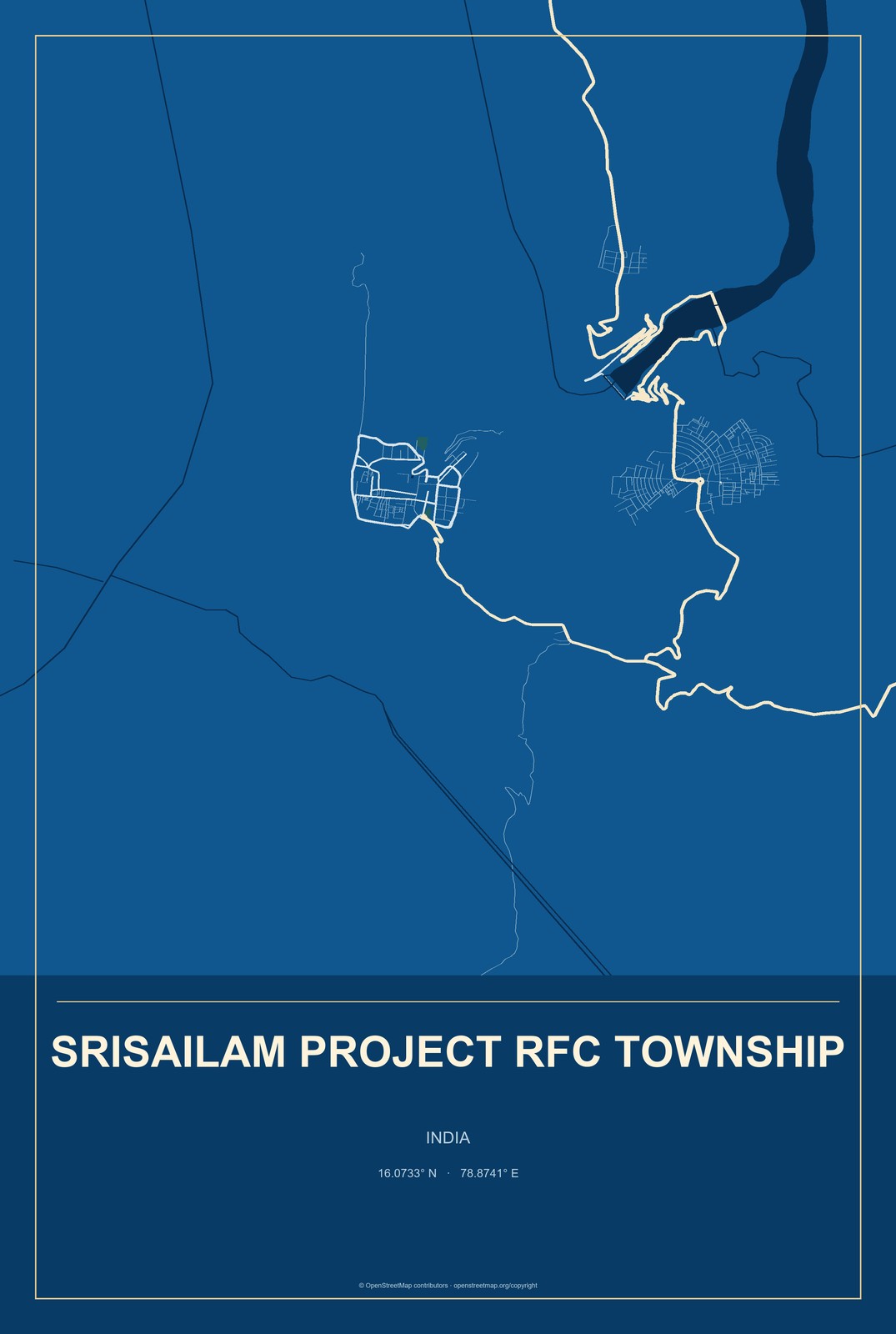 Srisailam Project RFC Township, India City Map Aluminum Sign in Harbor Cobalt style