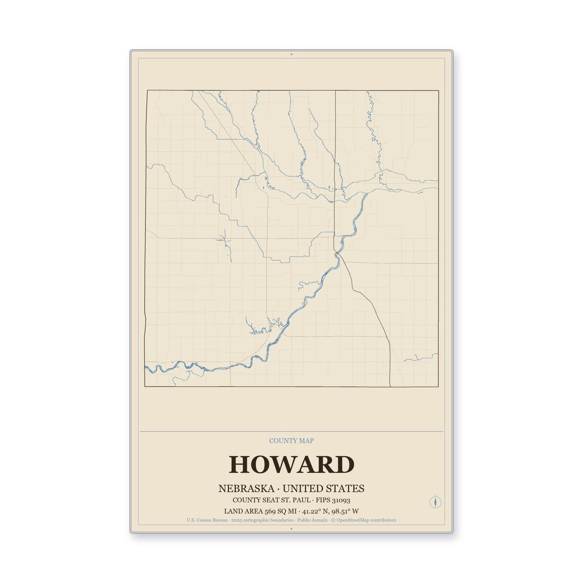 Howard County, Nebraska Map Aluminum Sign in Heritage Nautical style