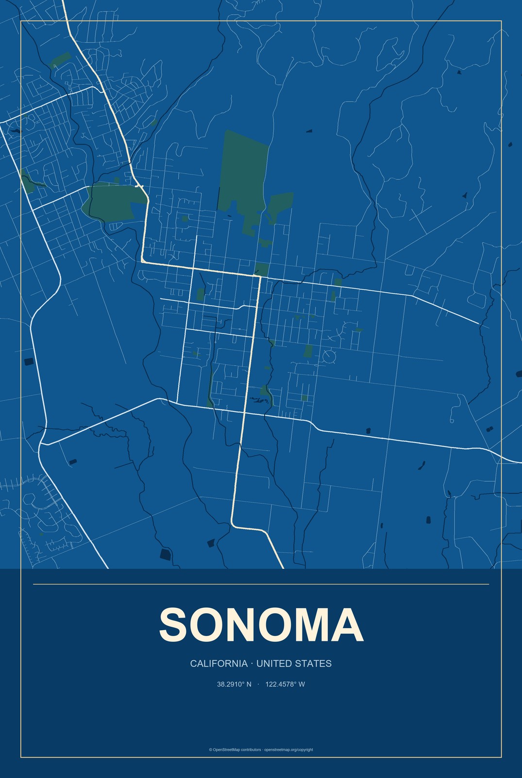 Sonoma, California City Map Aluminum Sign in Harbor Cobalt style