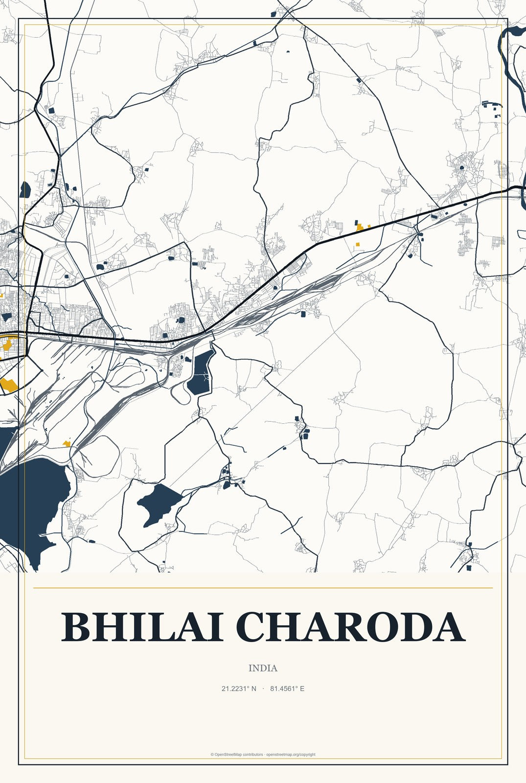 Bhilai Charoda, India City Map Aluminum Sign in Citrine Modern style