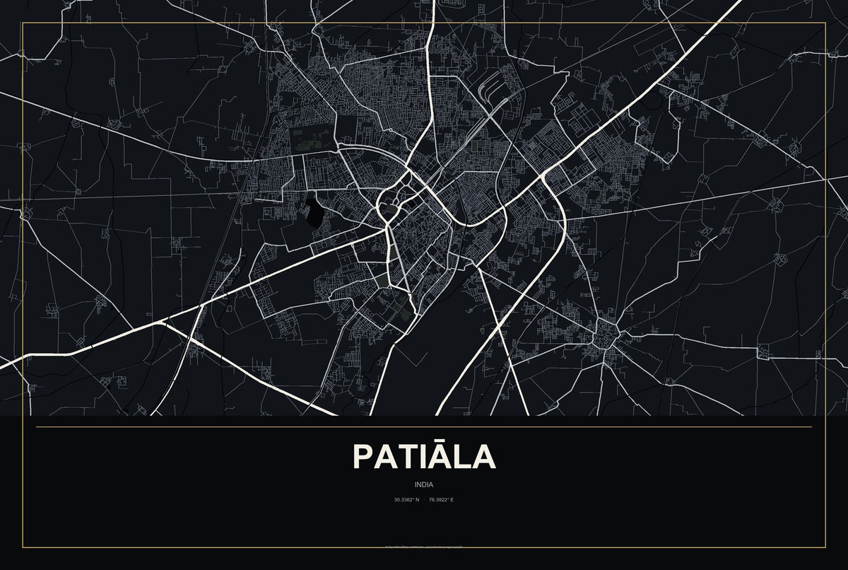 Patiāla, India City Map Aluminum Sign in Metropolitan Noir style