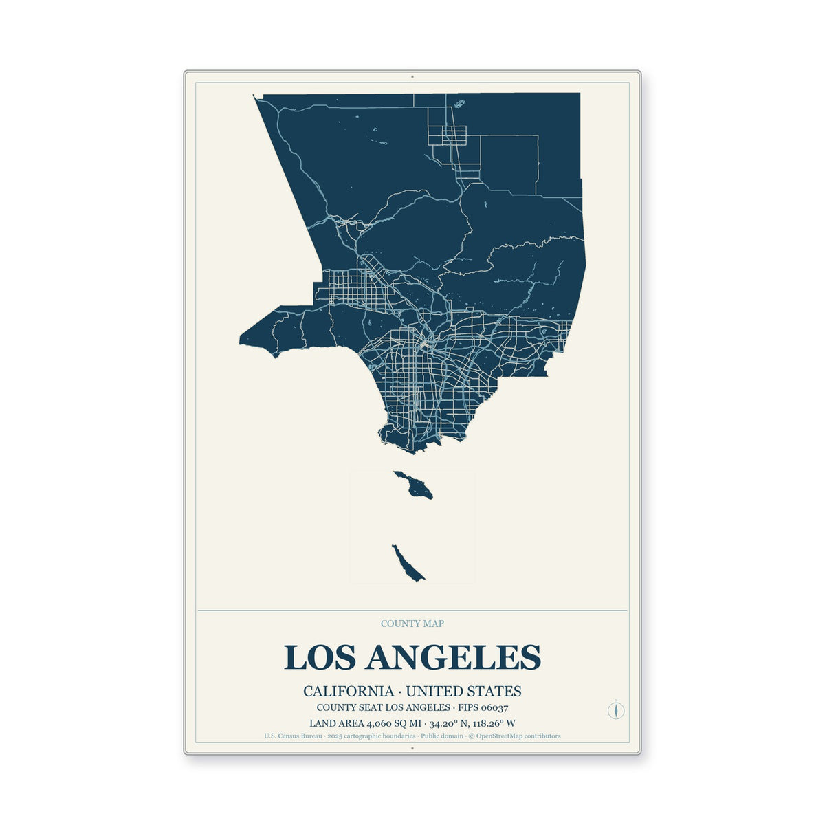 Los Angeles County, California Map Aluminum Sign in Coastal Cutout style