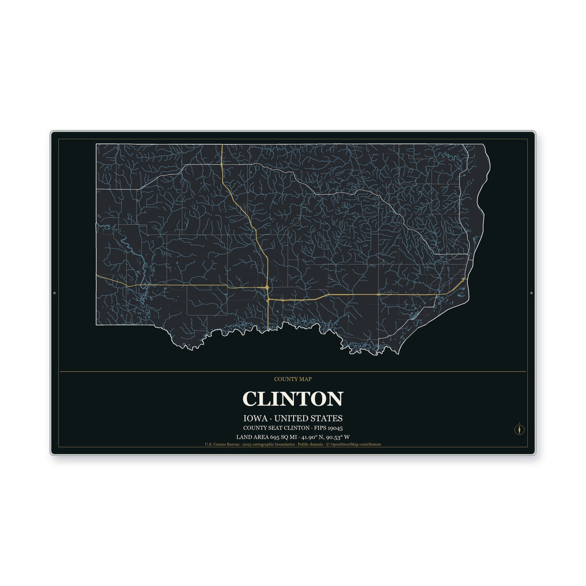 Clinton County, Iowa Map Aluminum Sign in Metropolitan Noir style