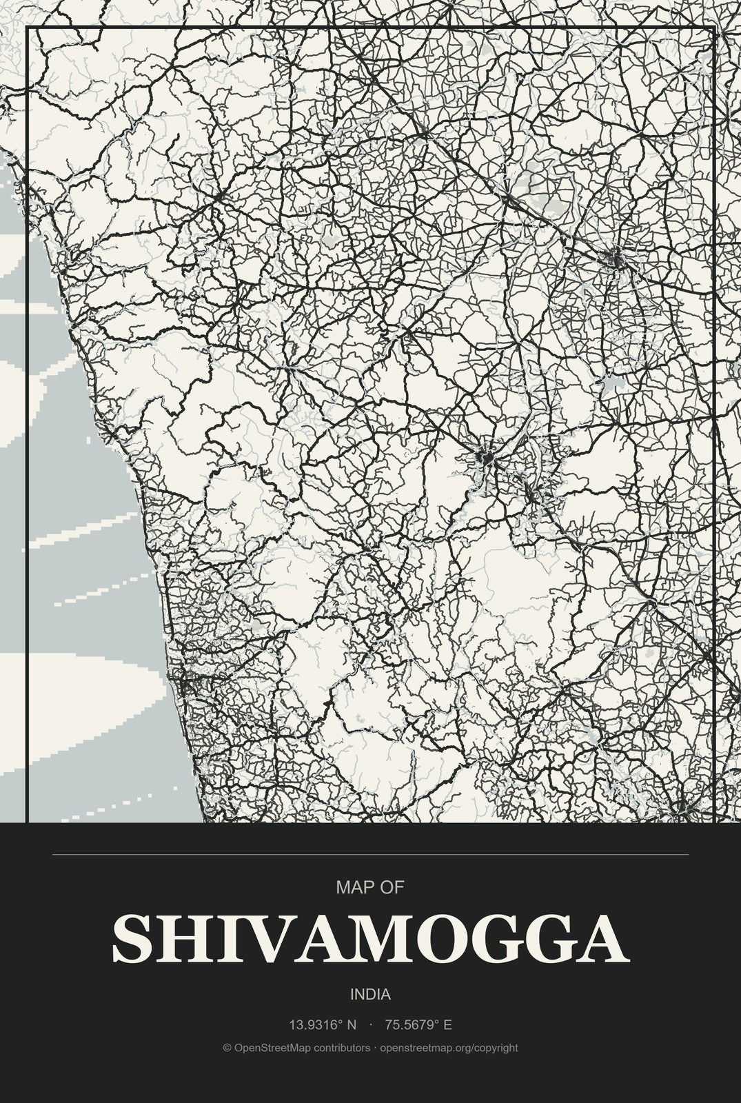 Shivamogga, India City Map Aluminum Sign in Museum Plaque style