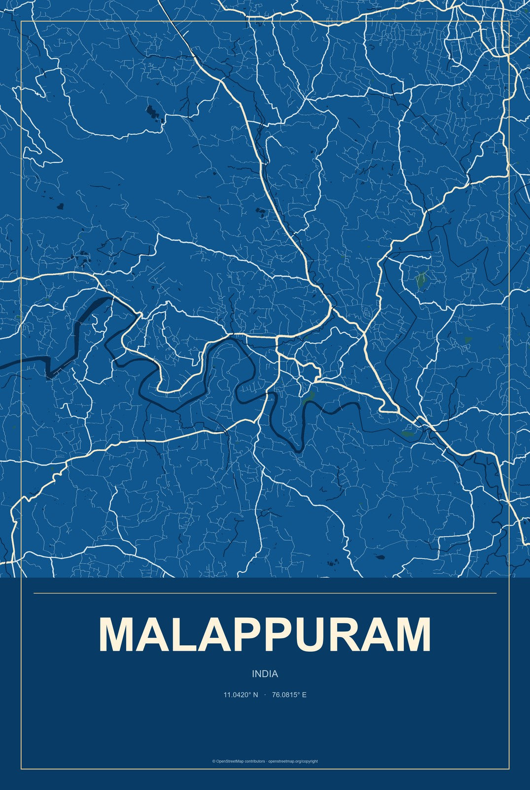 Malappuram, India City Map Aluminum Sign in Harbor Cobalt style