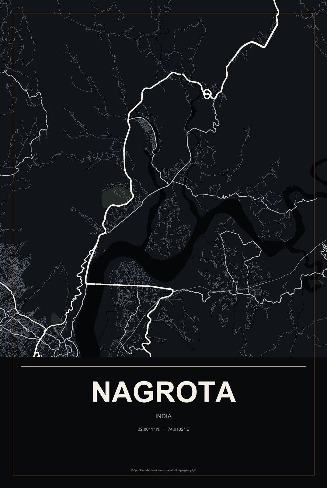 Nagrota, India City Map Aluminum Sign in Metropolitan Noir style