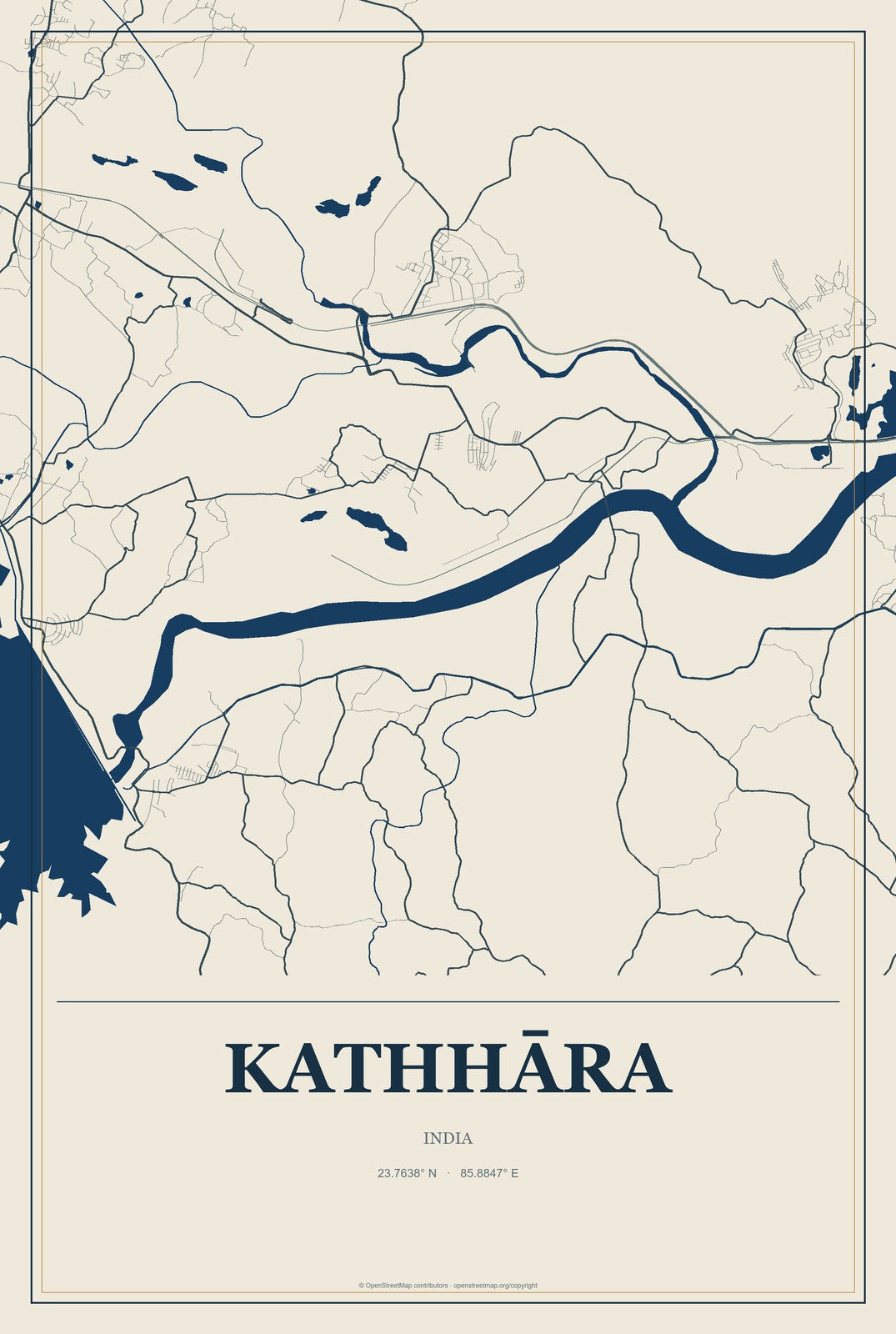 Kathhāra, India City Map Aluminum Sign in Coastal Cutout style