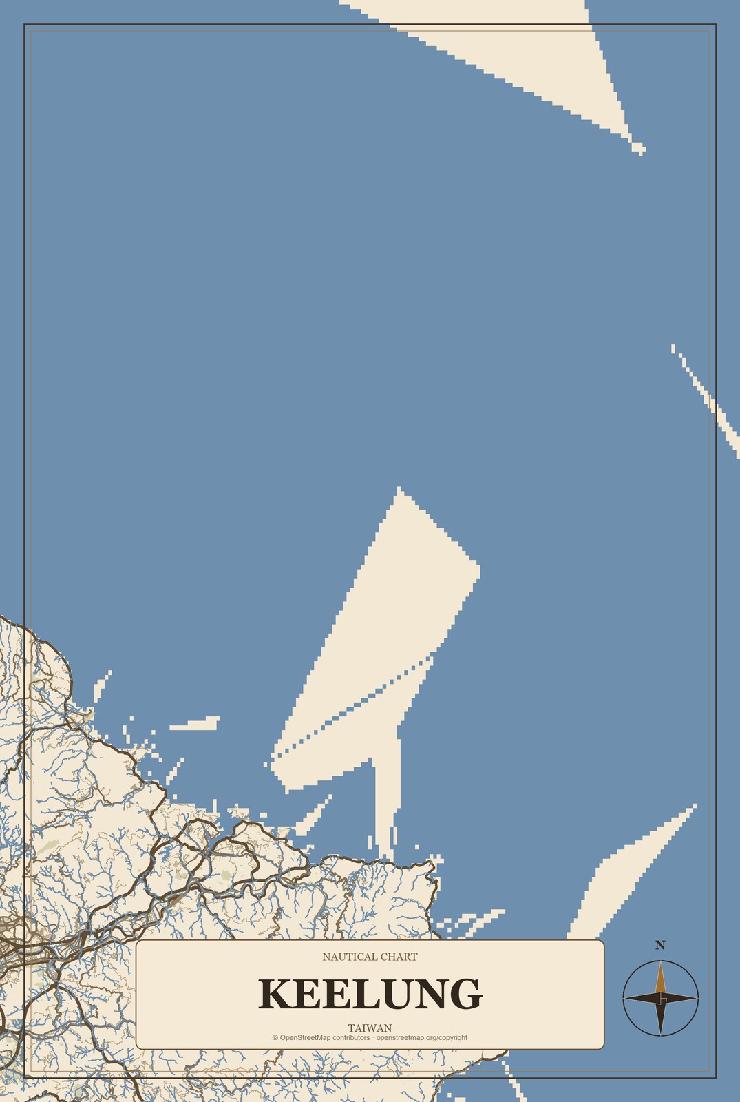 Keelung, Taiwan City Map Aluminum Sign in Heritage Nautical style
