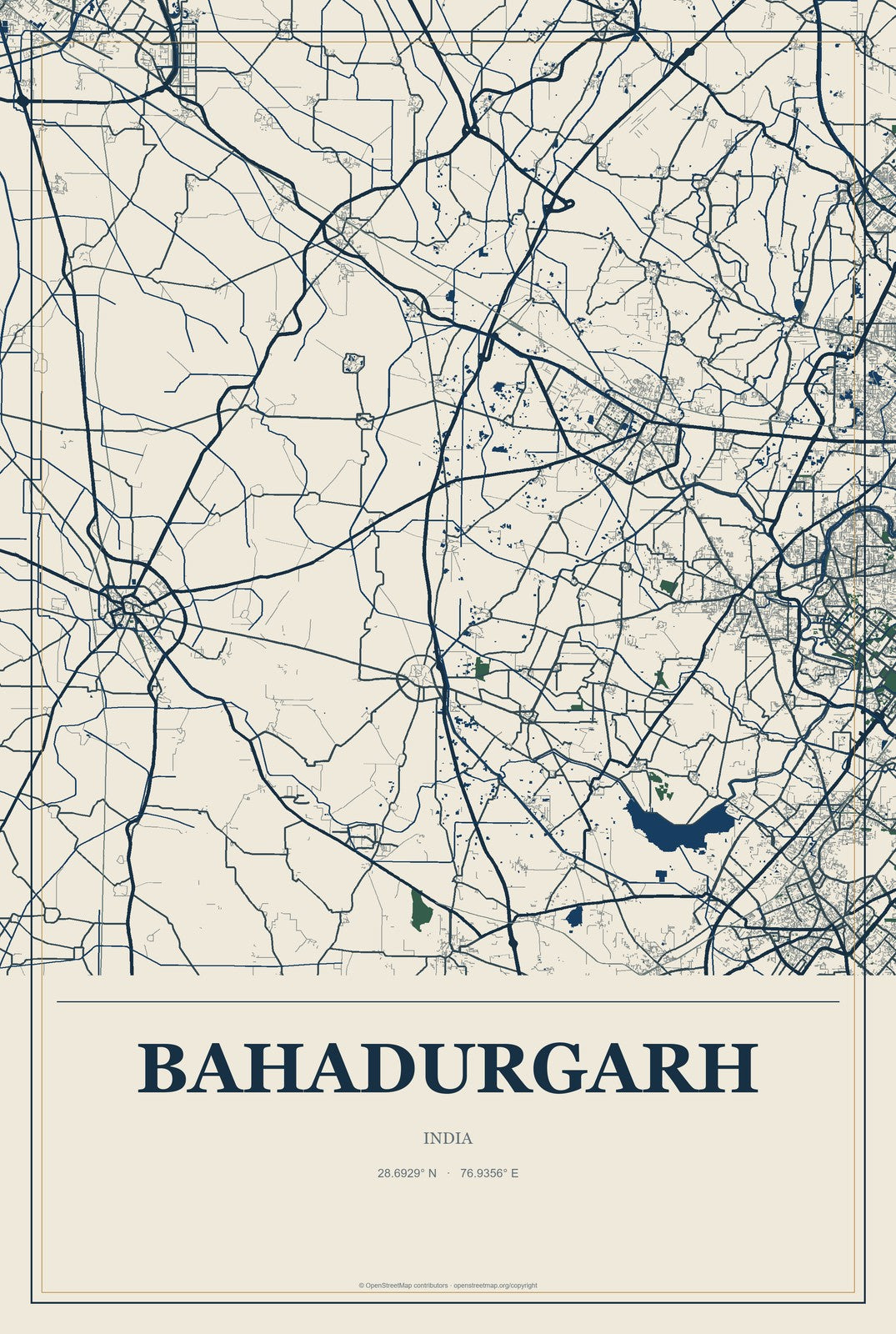Bahadurgarh, India City Map Aluminum Sign in Coastal Cutout style