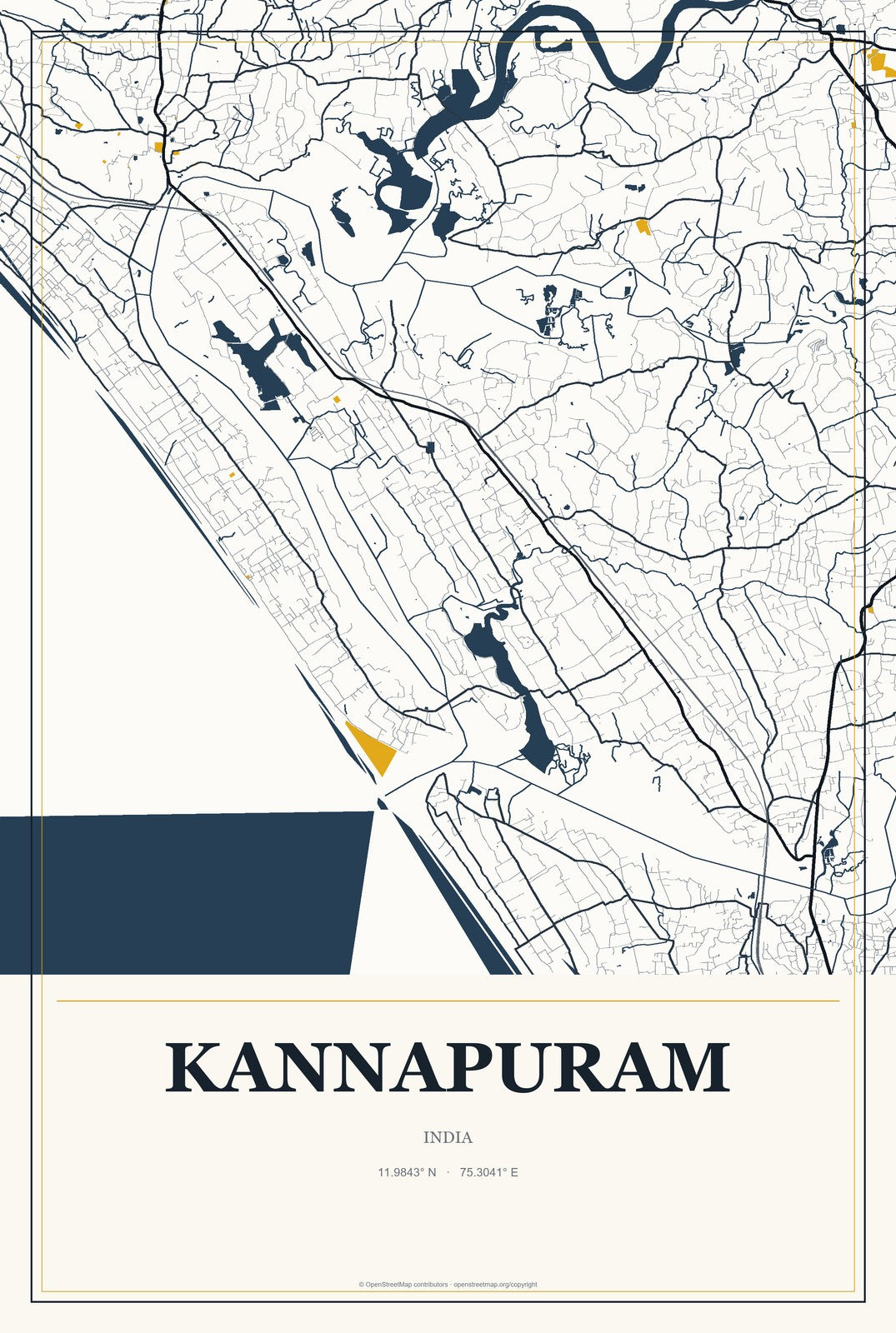 Kannapuram, India City Map Aluminum Sign in Citrine Modern style