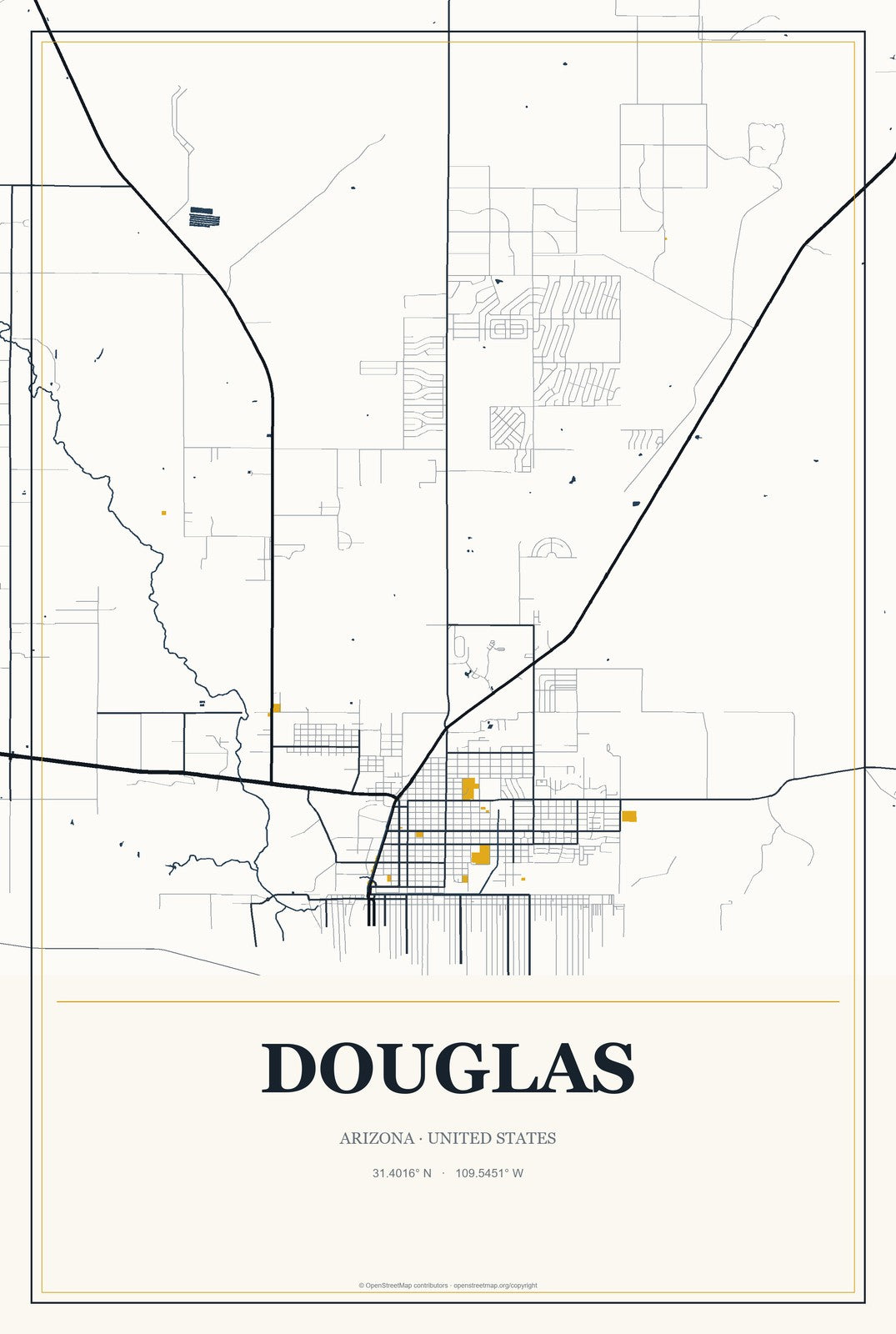 Douglas, Arizona City Map Aluminum Sign in Citrine Modern style