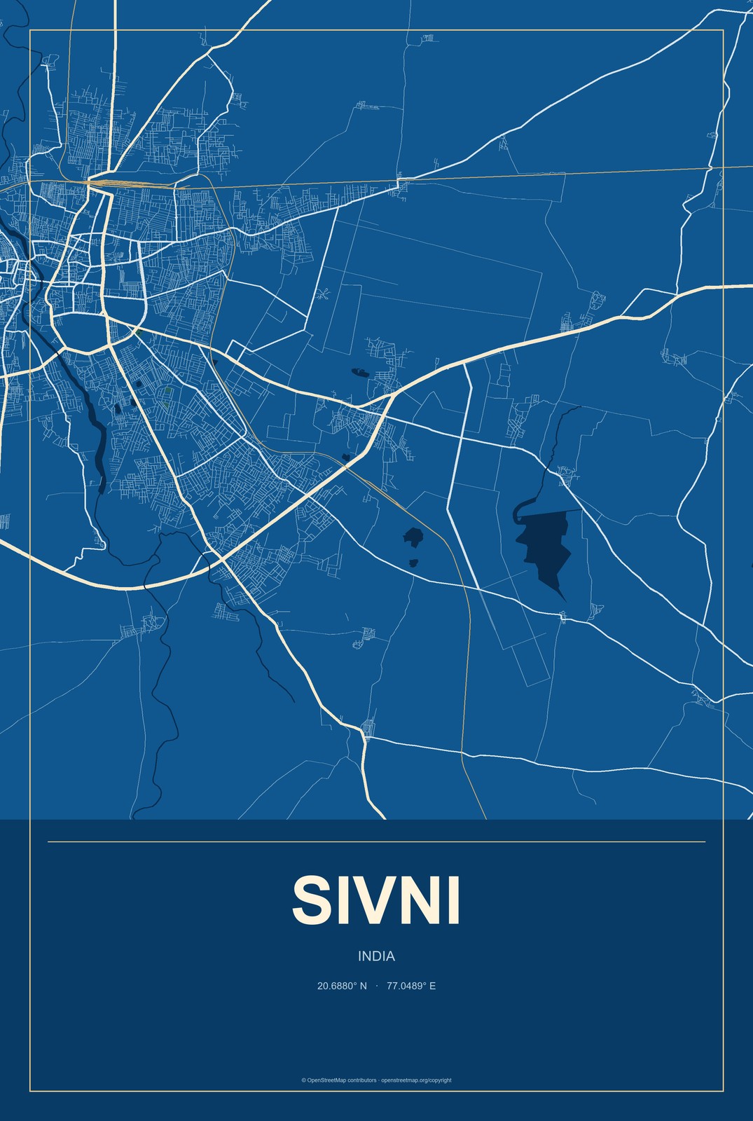 Sivni, India City Map Aluminum Sign in Harbor Cobalt style