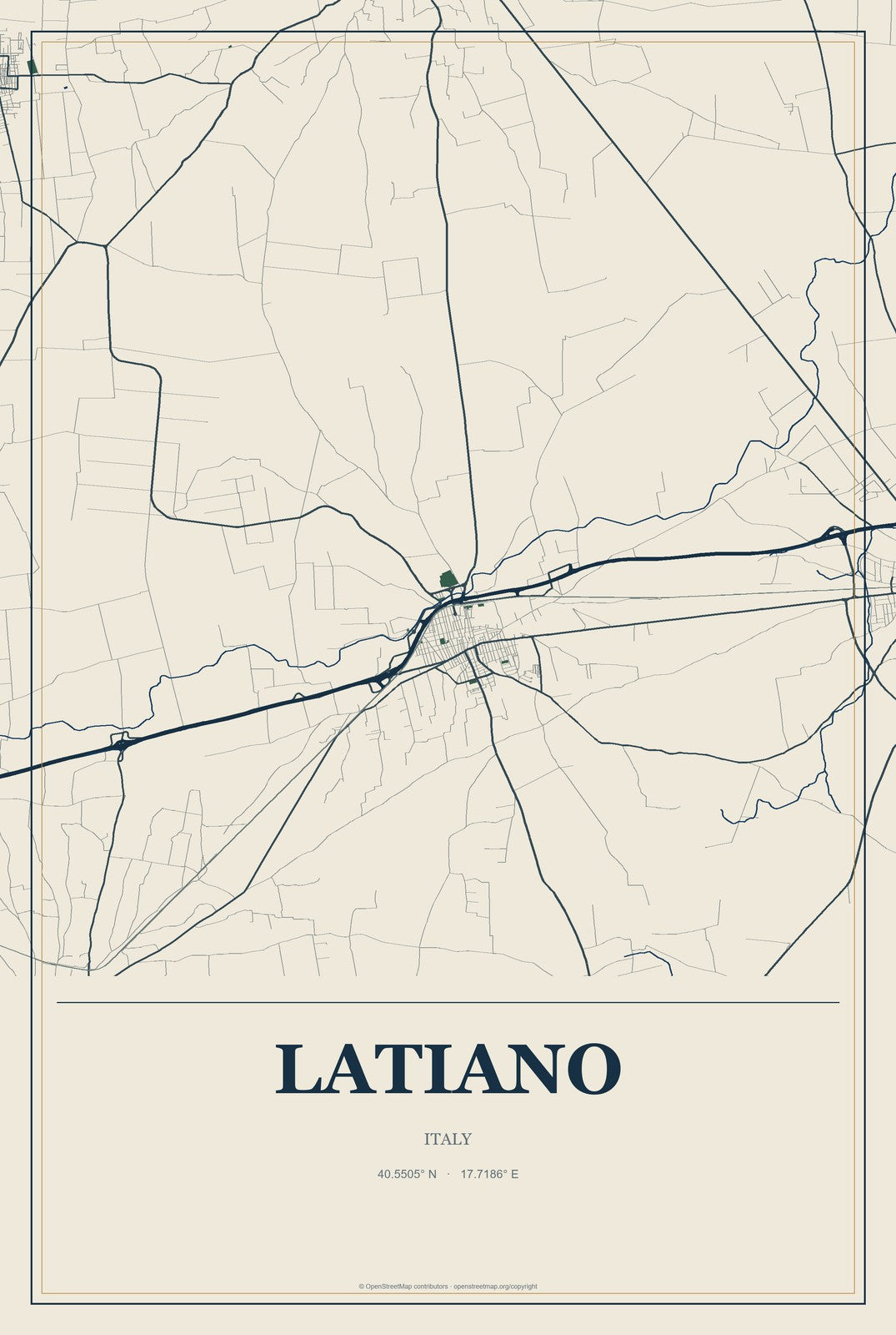 Latiano, Italy City Map Aluminum Sign in Coastal Cutout style