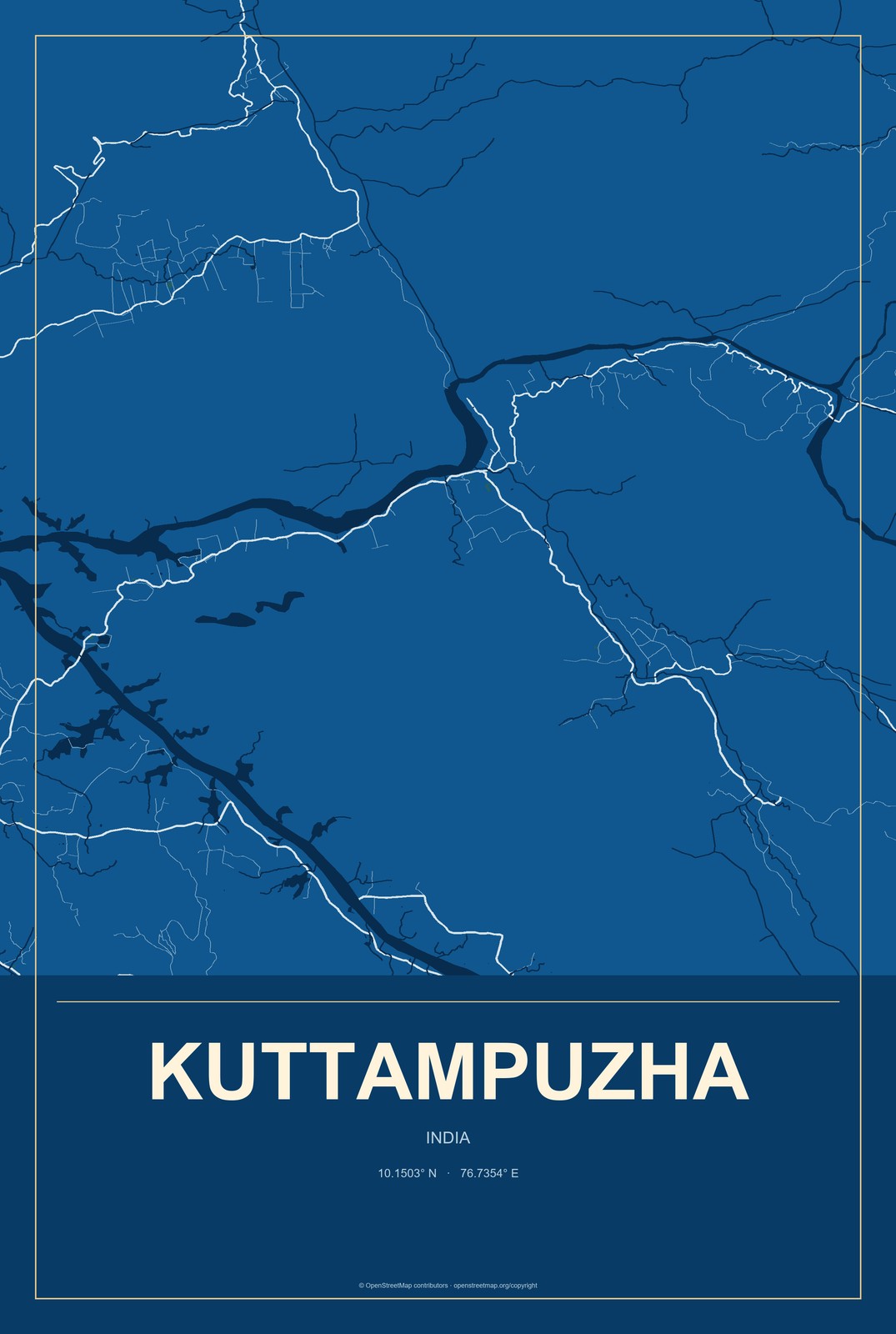 Kuttampuzha, India City Map Aluminum Sign in Harbor Cobalt style