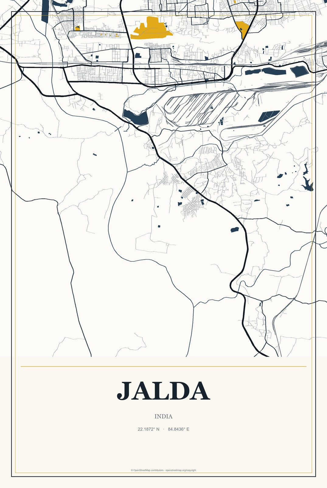Jalda, India City Map Aluminum Sign in Citrine Modern style