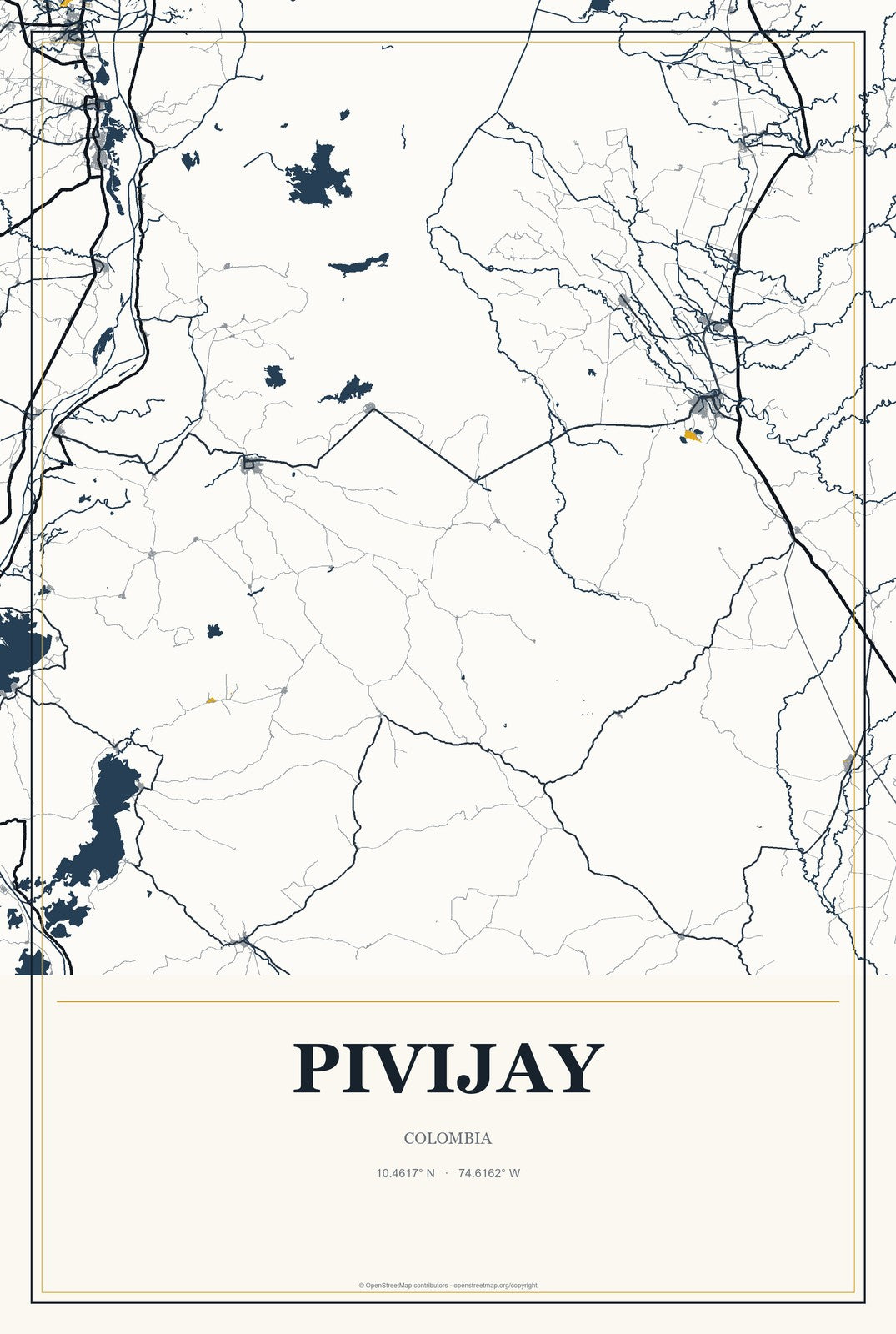 Pivijay, Colombia City Map Aluminum Sign in Citrine Modern style