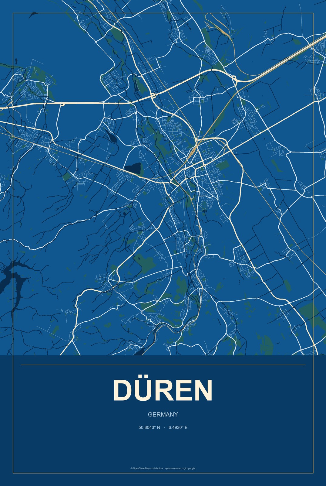 Düren, Germany City Map Aluminum Sign in Harbor Cobalt style