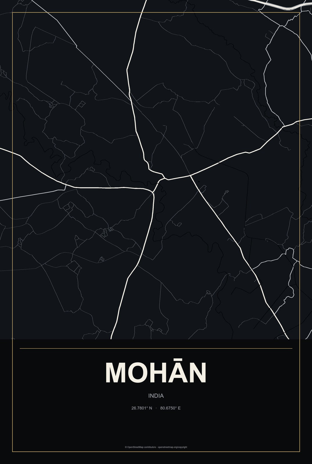Mohān, India City Map Aluminum Sign in Metropolitan Noir style