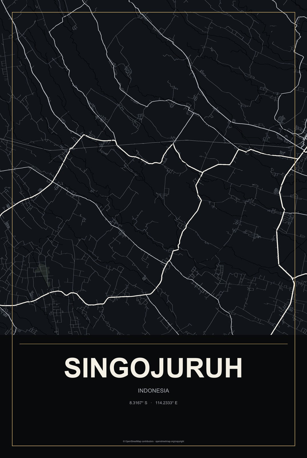 Singojuruh, Indonesia City Map Aluminum Sign in Metropolitan Noir style