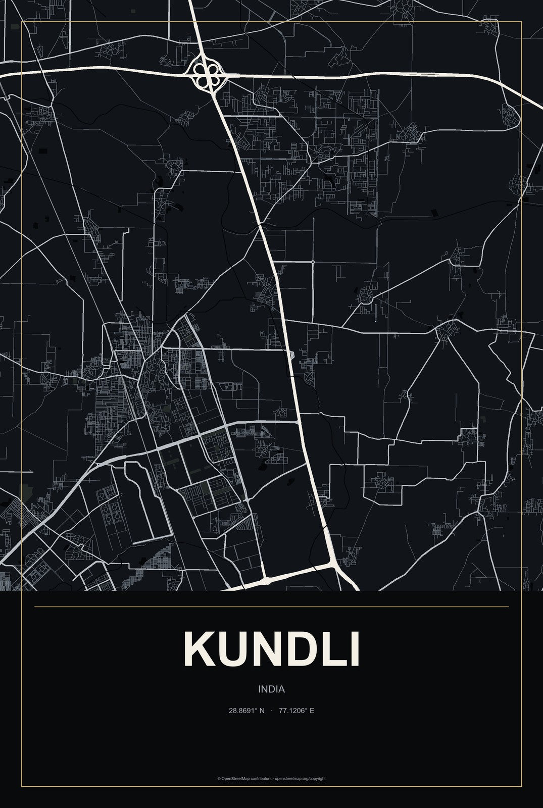 Kundli, India City Map Aluminum Sign in Metropolitan Noir style