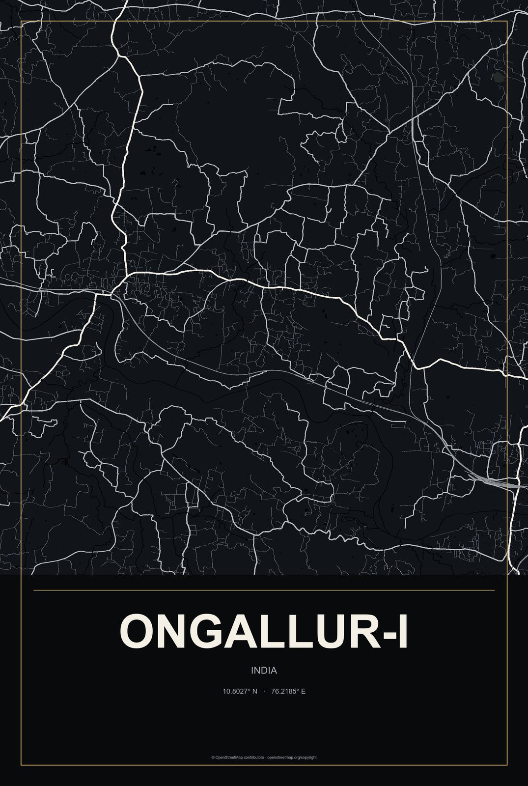 Ongallur-I, India City Map Aluminum Sign in Metropolitan Noir style