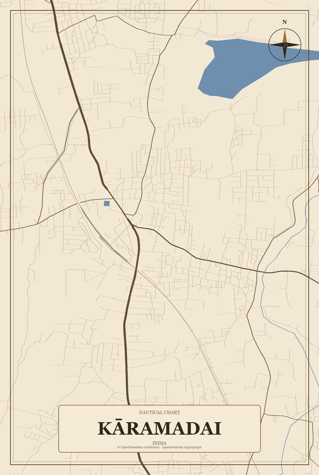 Kāramadai, India City Map Aluminum Sign in Heritage Nautical style