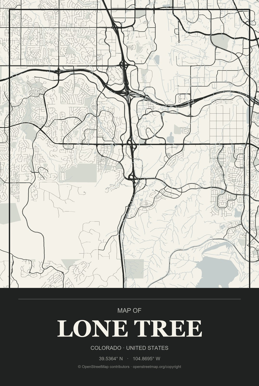 Lone Tree, Colorado City Map Aluminum Sign in Museum Plaque style