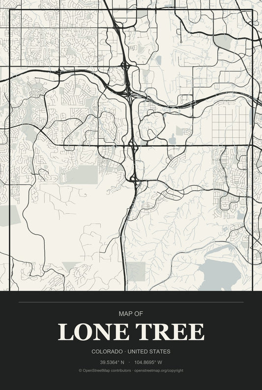 Lone Tree, Colorado City Map Aluminum Sign in Museum Plaque style