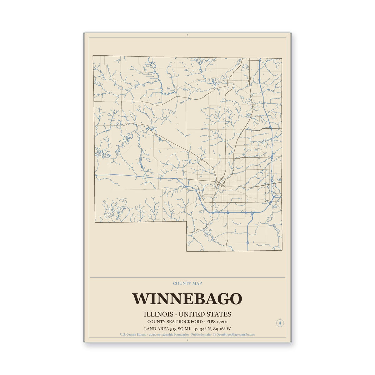 Winnebago County, Illinois Map Aluminum Sign in Heritage Nautical style