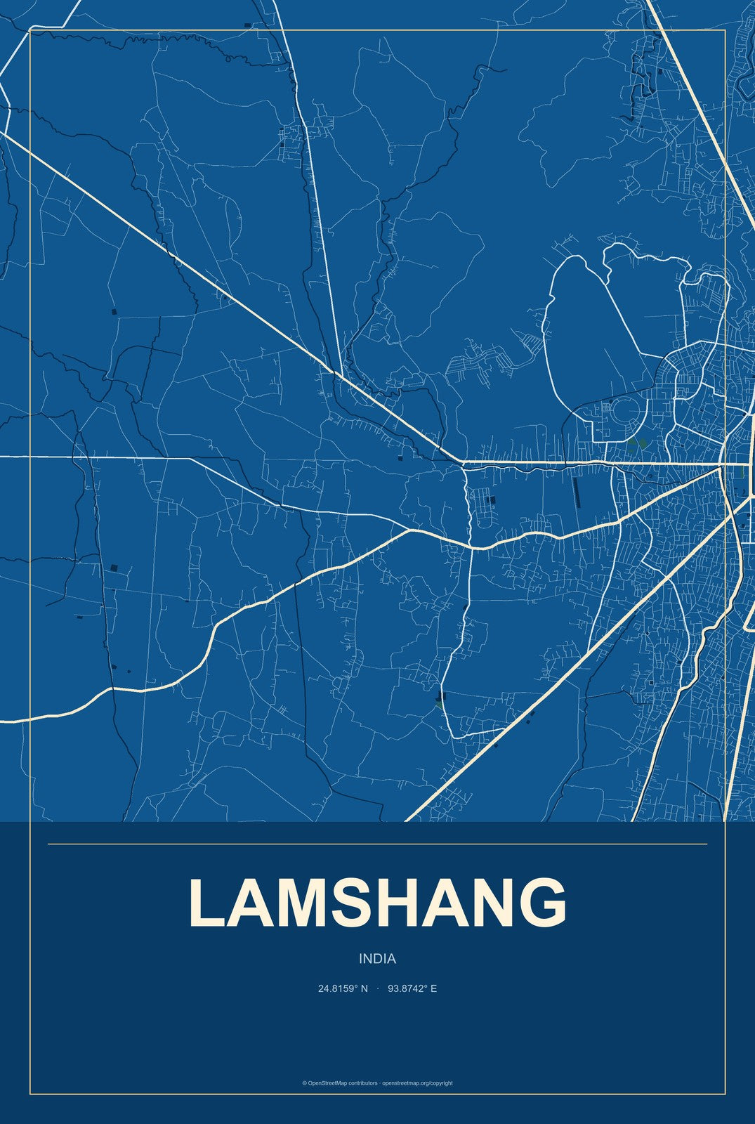 Lamshang, India City Map Aluminum Sign in Harbor Cobalt style