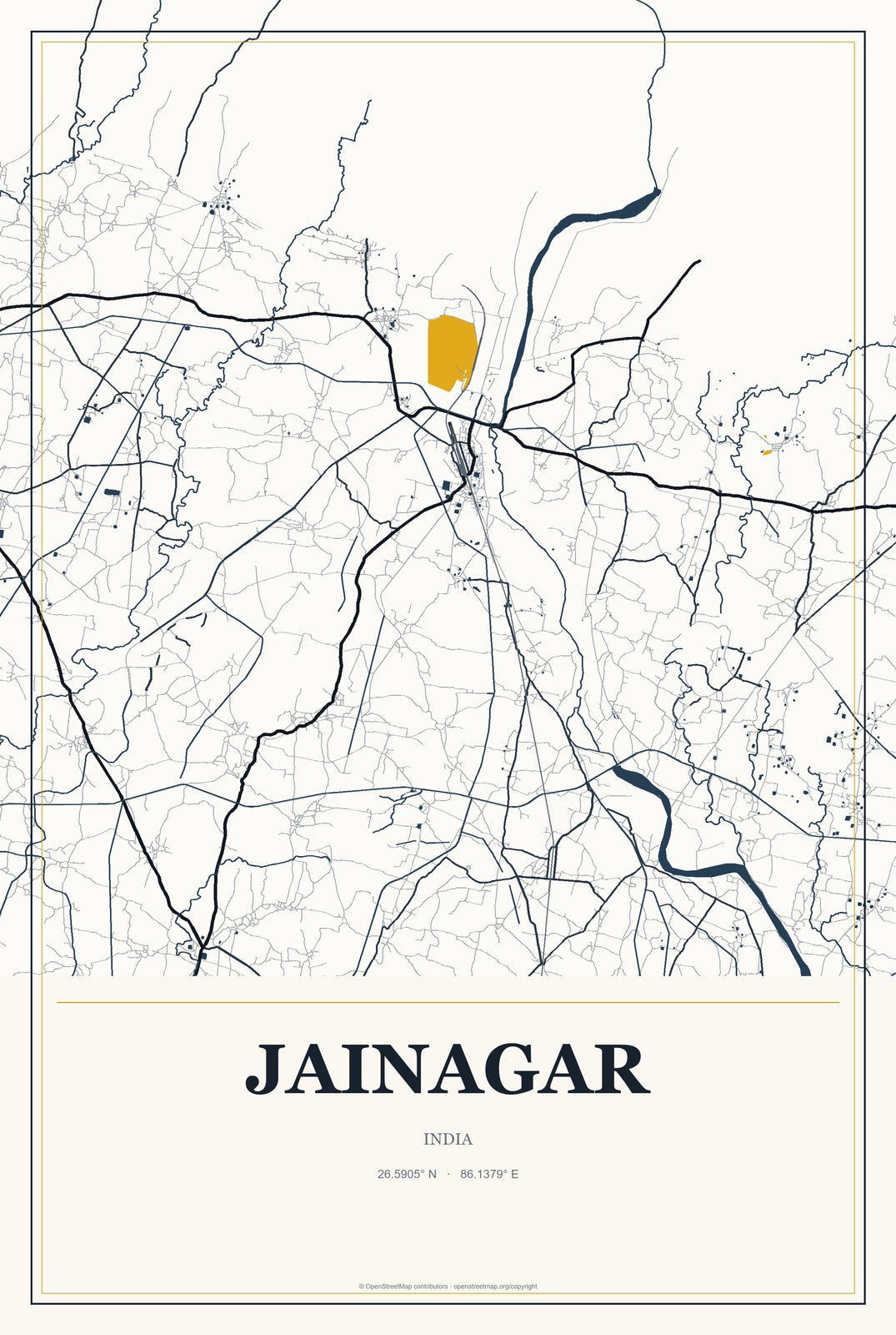 Jainagar, India City Map Aluminum Sign in Citrine Modern style