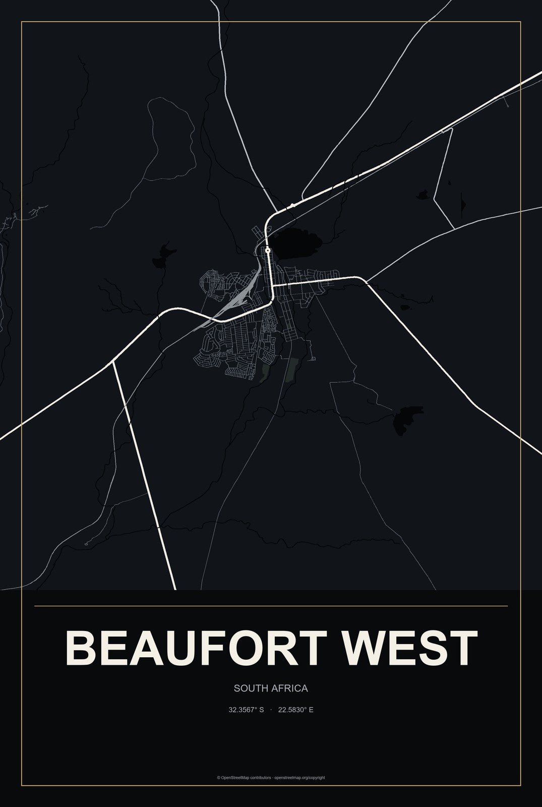 Beaufort West, South Africa City Map Aluminum Sign in Metropolitan Noir style