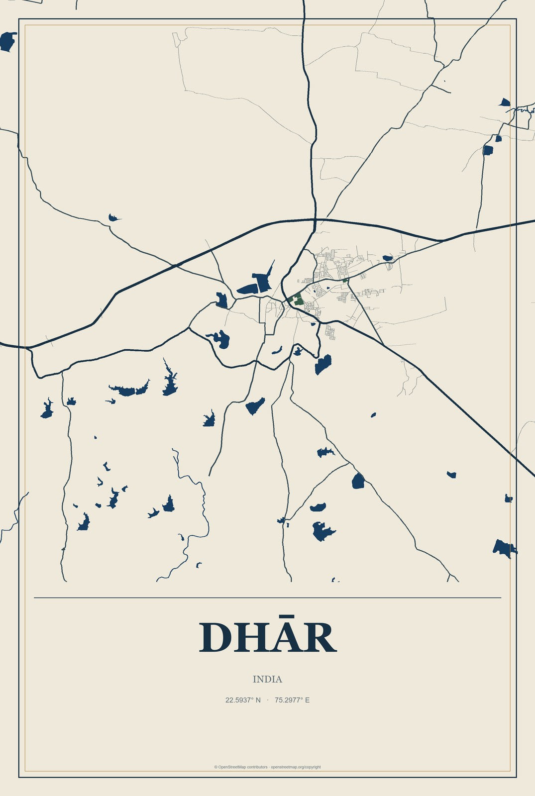 Dhār, India City Map Aluminum Sign in Coastal Cutout style