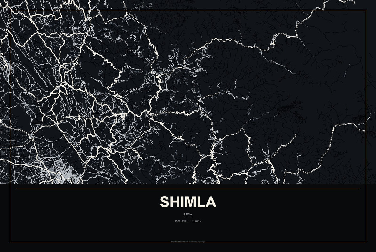 Shimla, India City Map Aluminum Sign in Metropolitan Noir style