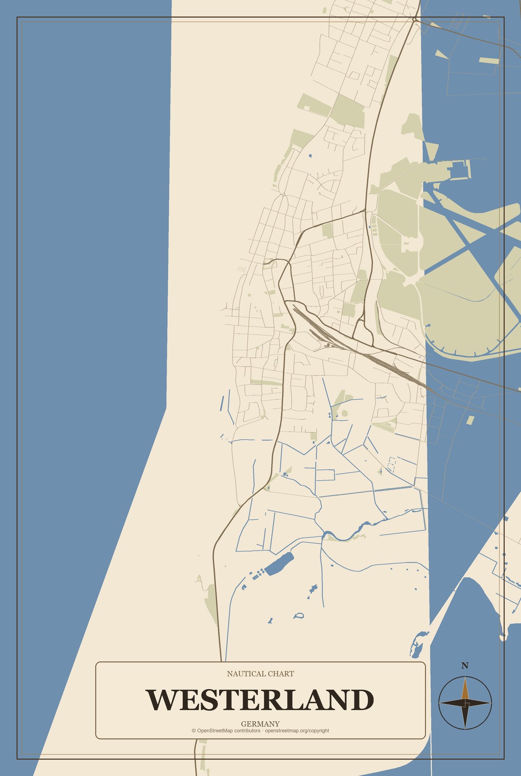 Westerland, Germany City Map Aluminum Sign in Heritage Nautical style