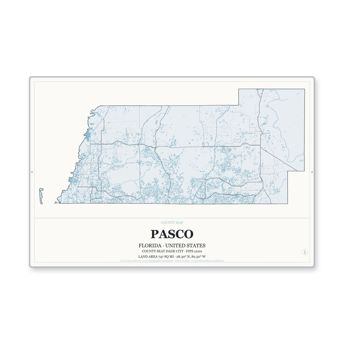 Pasco County, Florida Map Aluminum Sign in Gallery Air style