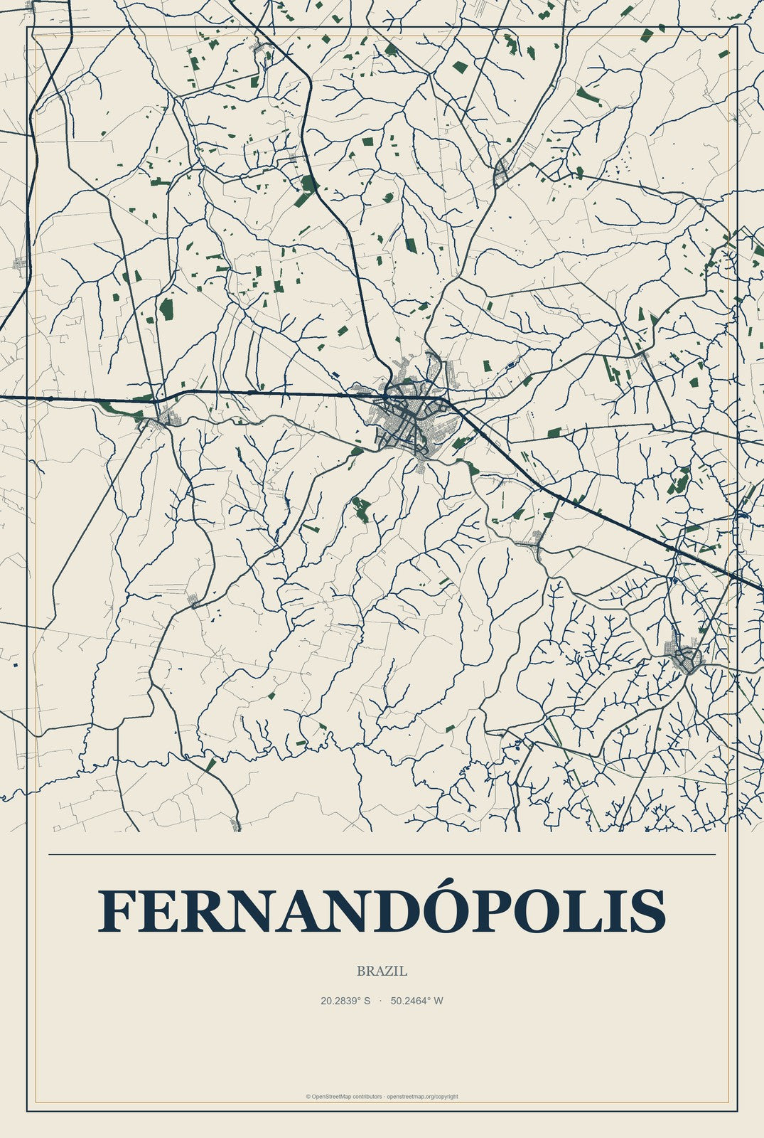 Fernandópolis, Brazil City Map Aluminum Sign in Coastal Cutout style