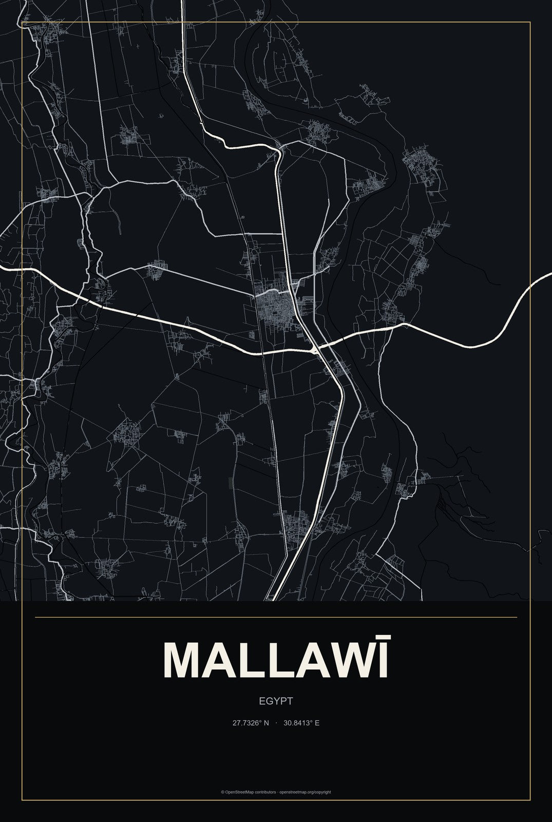 Mallawī, Egypt City Map Aluminum Sign in Metropolitan Noir style